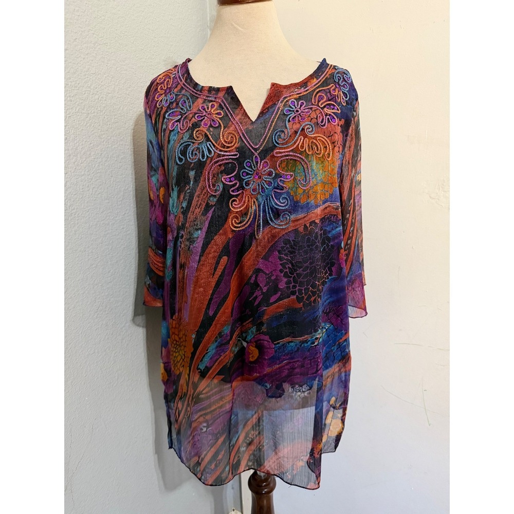 Eder A Womens 1X Abstract Floral Silk‎ Blend Embroidered Sequin Tunic Top Multi